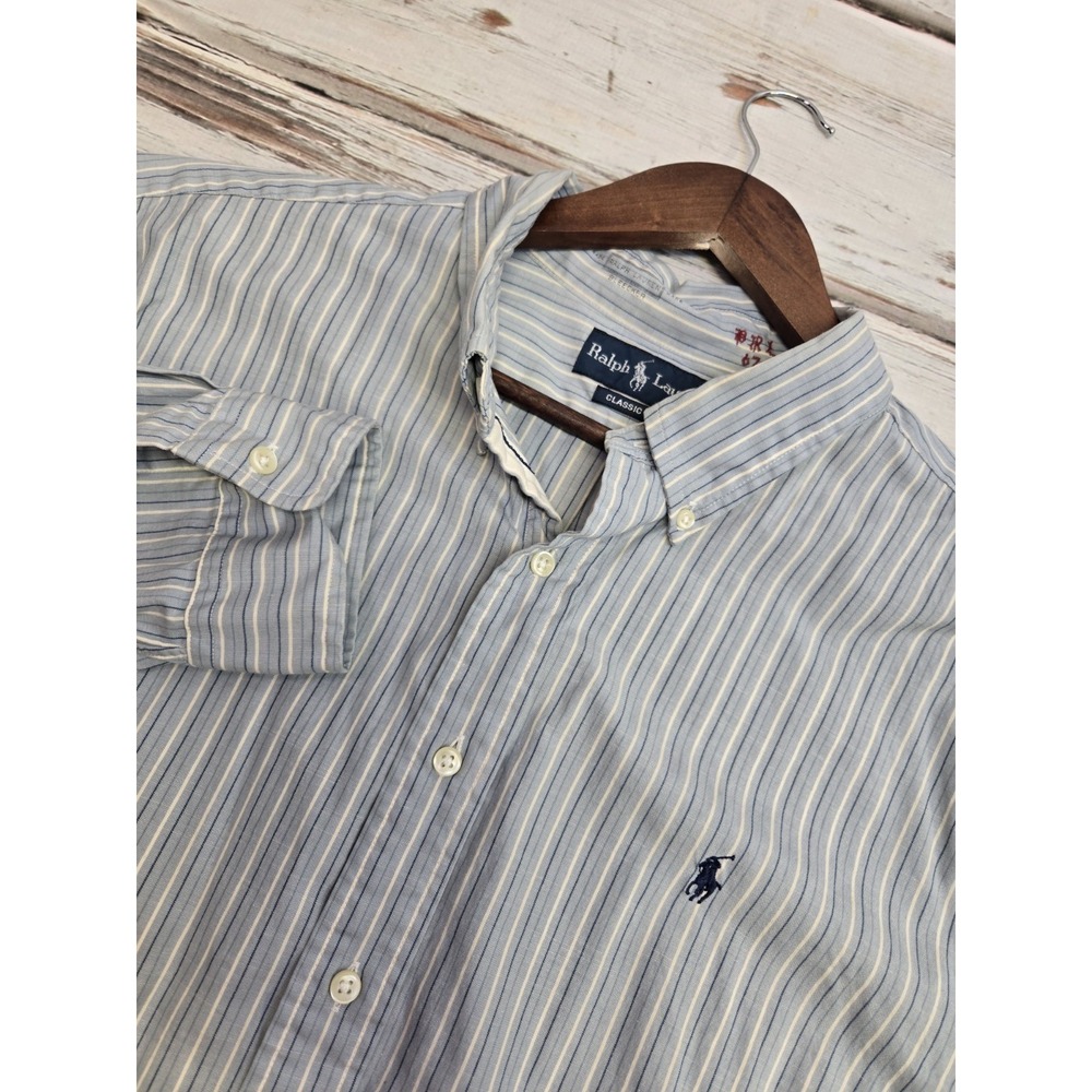 Ralph Lauren Men's 2xl Bleeker Classic Fit Long‎ Sleeve Blue Striped Button Down